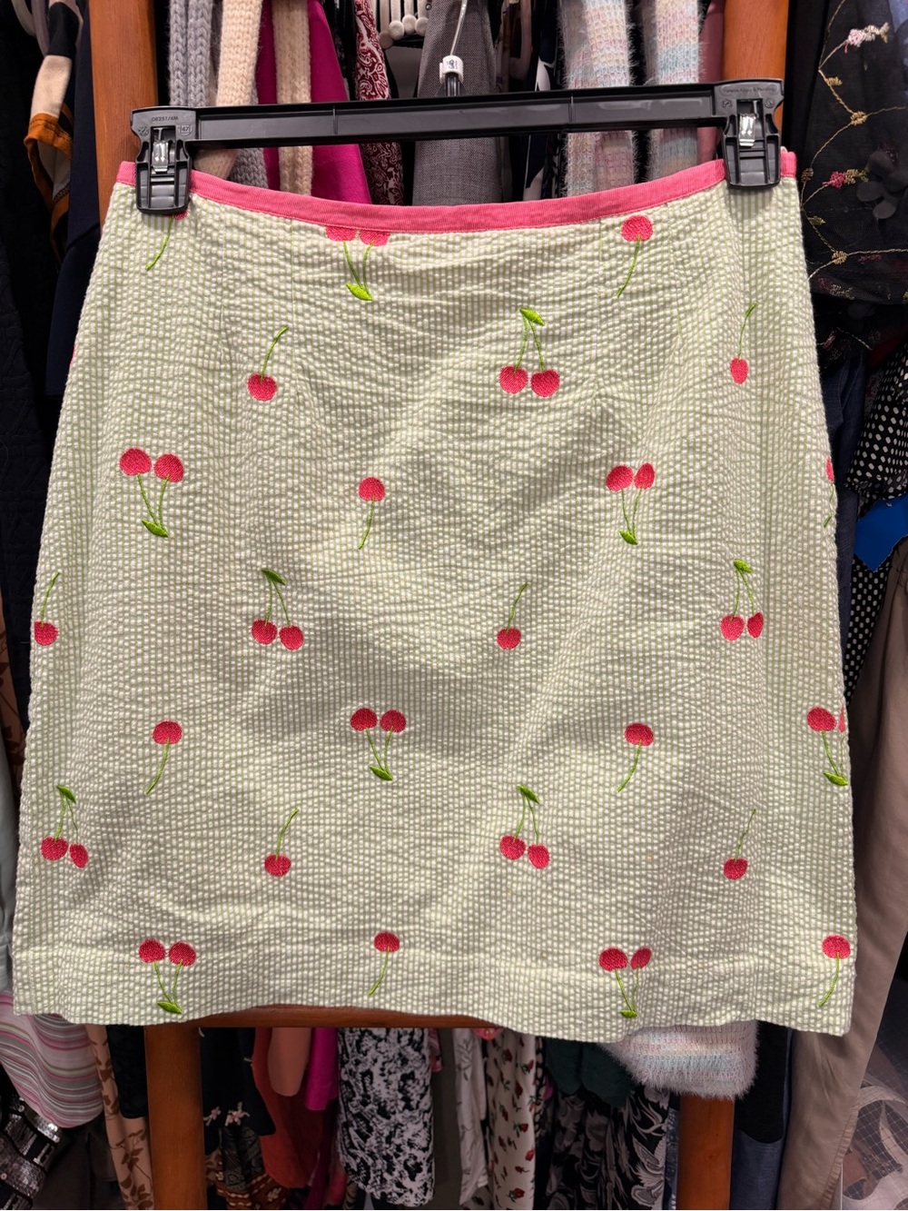 Lilly Pulitzer Pink Cherry Seersucker Mini Skirt on Light Green